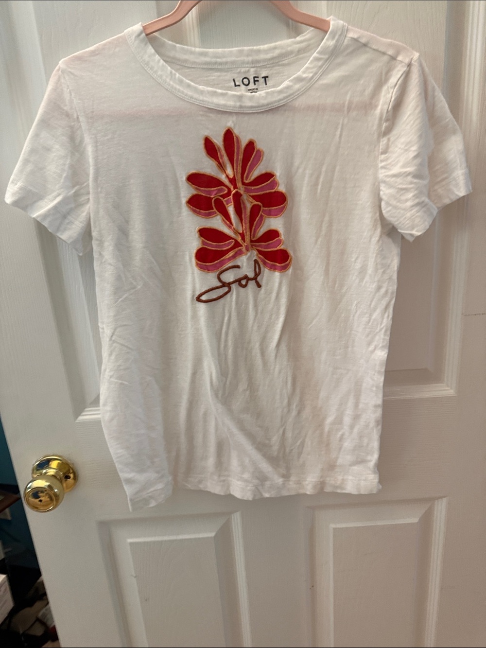 LOFT White Tee with Red Floral Applique